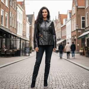 Red Coral Lg Black Iridesent Floral Embroidery Faux Leather  Bomber Jacket